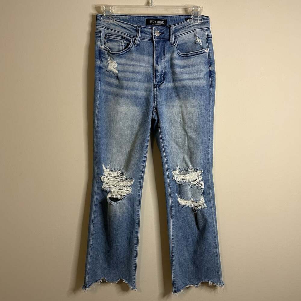 Judy Blue Straight Fit 3/26 Distressed Denim Blue Crop Jeans Raw Hem